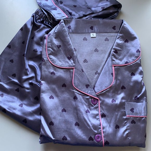 Purple Heart Print Satin Pyjama Set - Picture 3 of 5